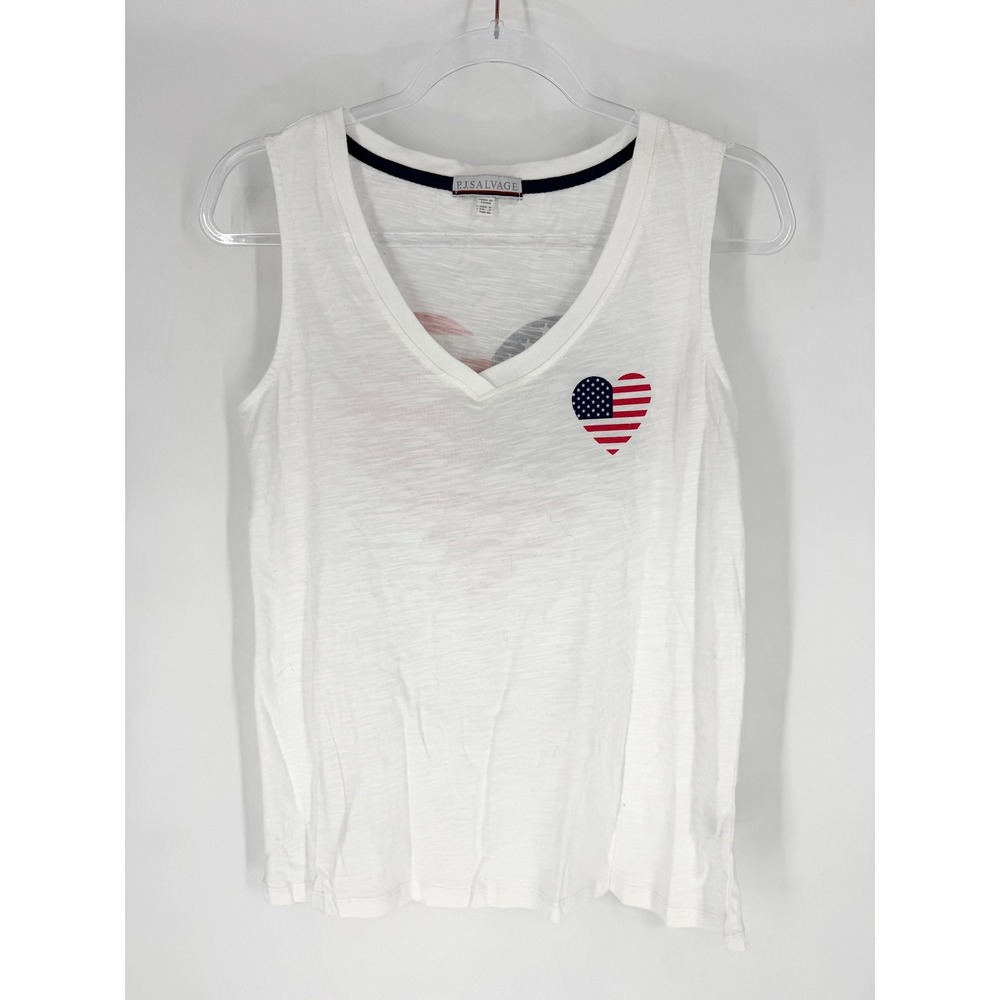 PJ Salvage Womens White American Flag Heart Tank Top V-Neck Small Patriotic